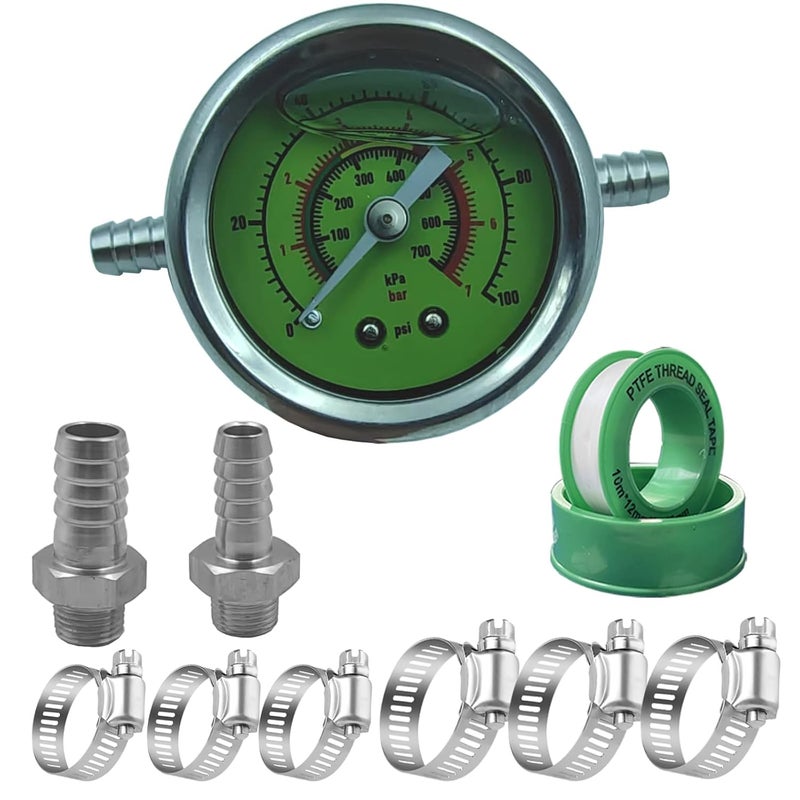 HFVSLFA 0-100psi Glycerin Filled Fuel Pressure Gauge Kit, Fuel Pressure Gauge Kit, 1-1/2" Dial Size Fuel Pressure Gauge for Car, 1/8'' NPT Inline Fuel Pressure Gauge with 3/8'' 5/16'' Barb, Back Mount - Image 1